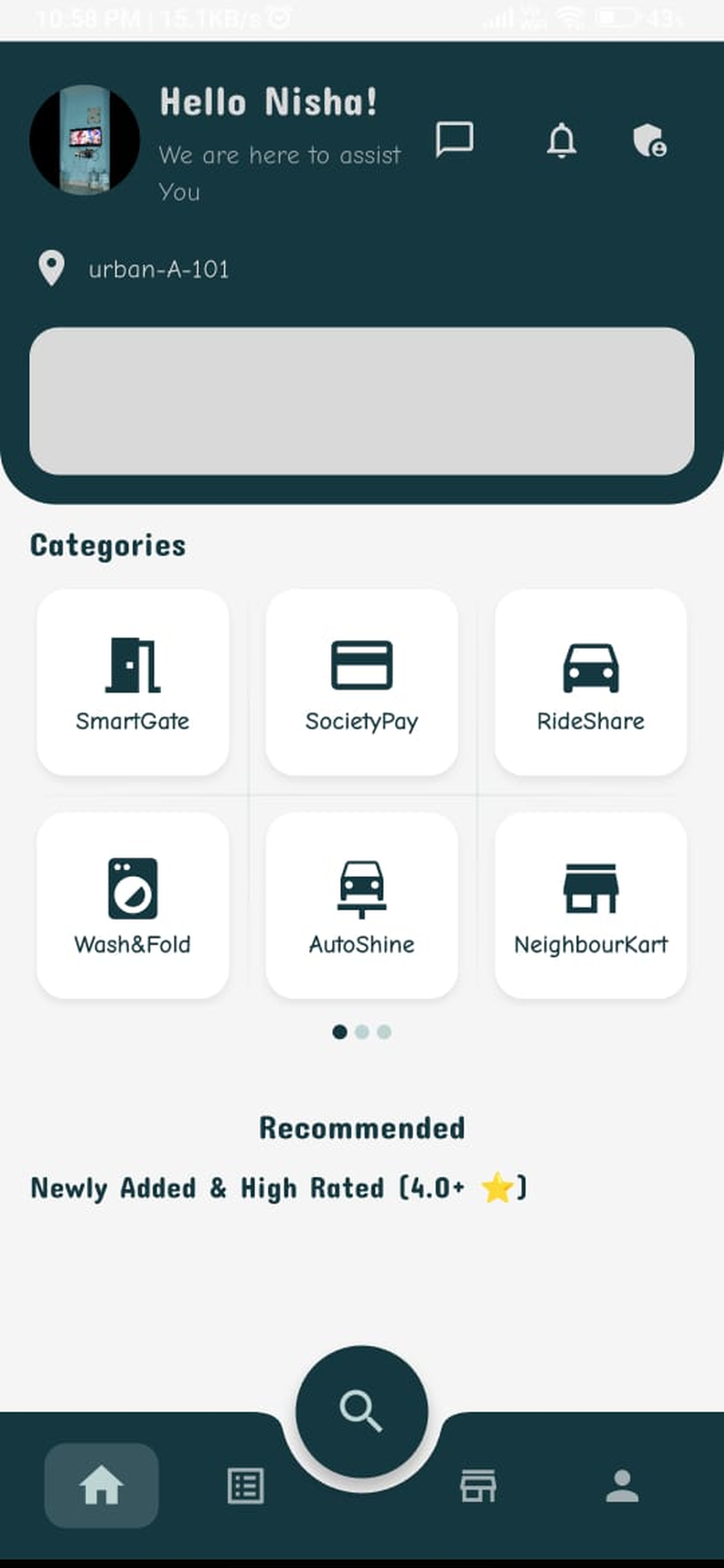 Villza home screen with categories